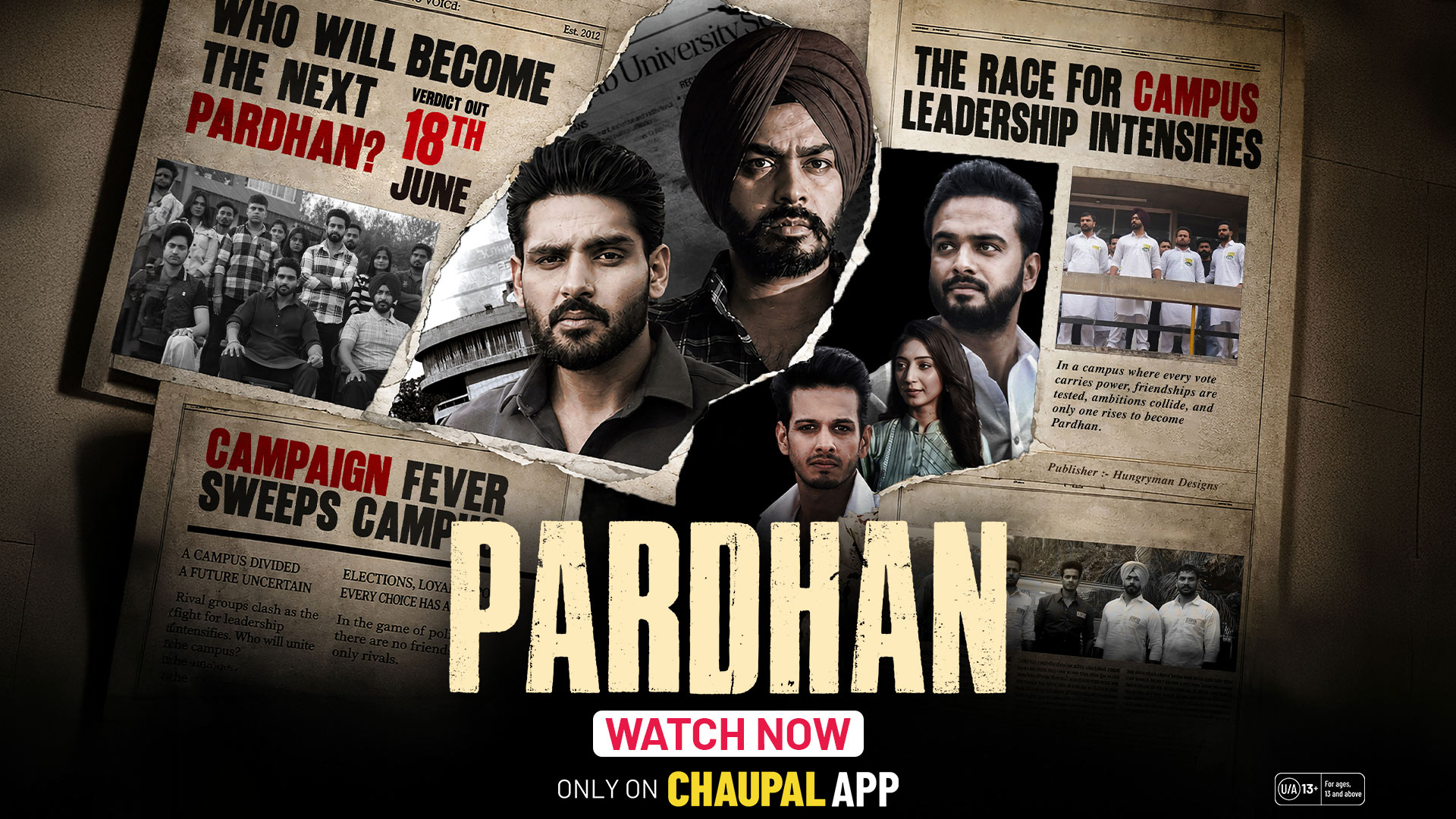 Official Pardhan web series artwork highlighting the race for campus leadership and political rivalry on Chaupal OTT.